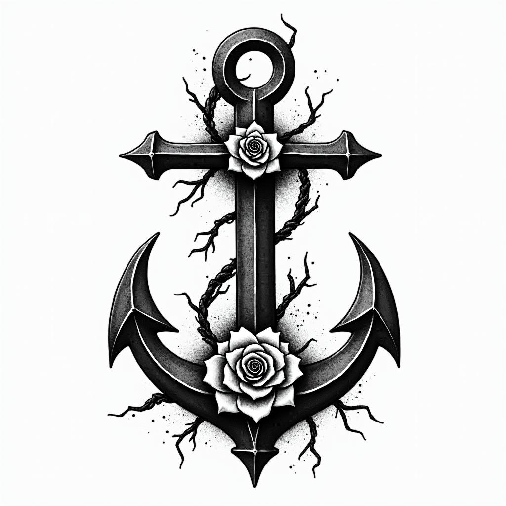 Anchor entwined with roses and thornsin graffiti style tattoo, featuring bold and dynamic street art elements, spray-paint texture with exaggerated lines and expressive, chaotic brushstrokes, intricate lettering incorporated with graffiti tags, symbols like hearts, stars, and wings - Variation 8