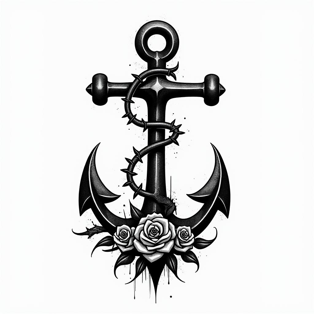 Anchor entwined with roses and thornsin graffiti style tattoo, featuring bold and dynamic street art elements, spray-paint texture with exaggerated lines and expressive, chaotic brushstrokes, intricate lettering incorporated with graffiti tags, symbols like hearts, stars, and wings - Variation 6
