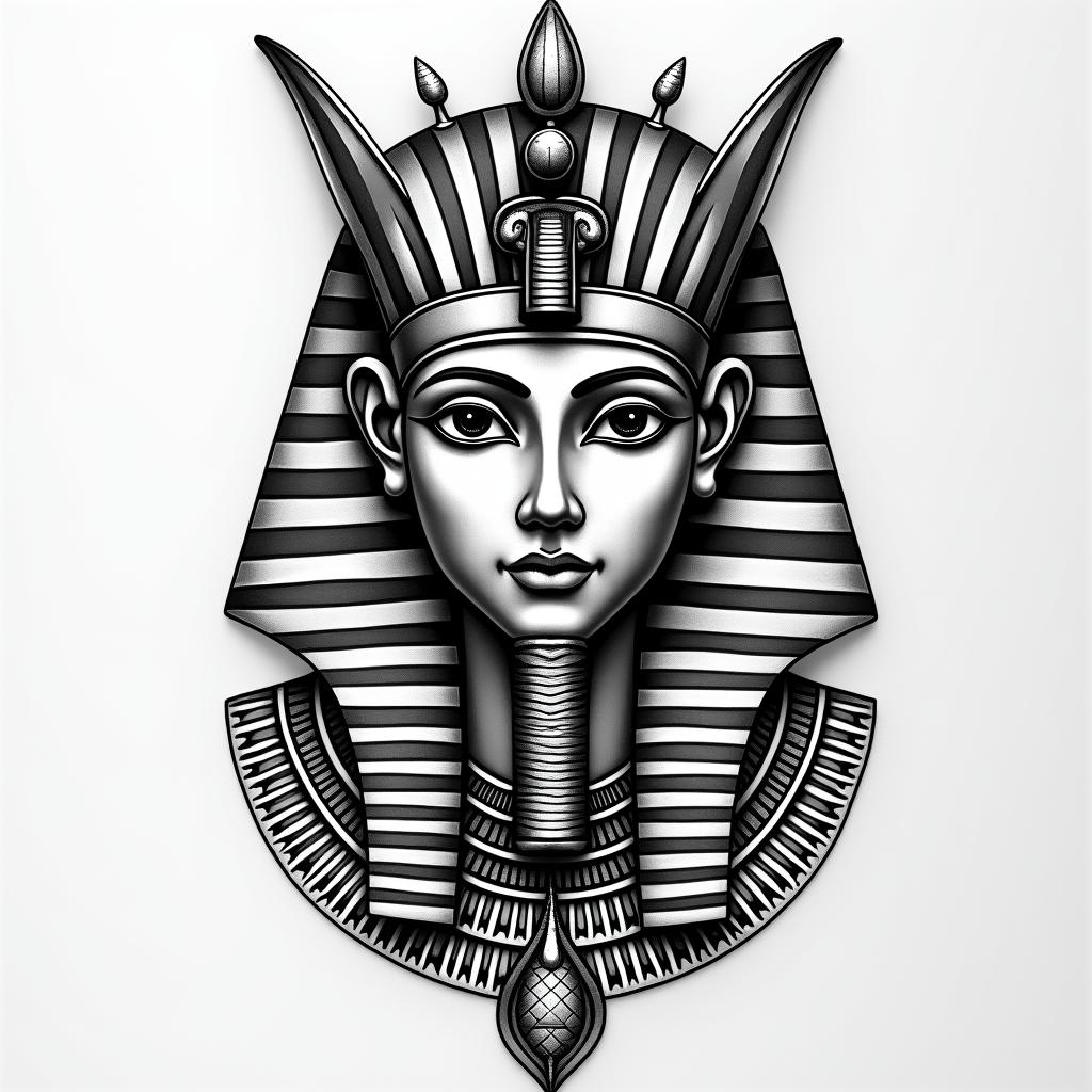 Pisces Exeter 83 Harley beachin egyptian style tattoo, bold elements of ancient egyptian culture including a portrait of an Egyptian pharaoh with detailed facial features, in hieroglyphs and symbolic imagery, eye of horus, ankh symbol, scarab beetle - Variation 2
