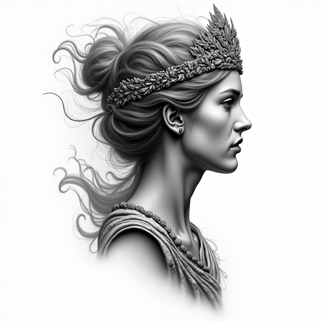 Athena, the goddess of war, firehigly detailed tattoo - Variation 44