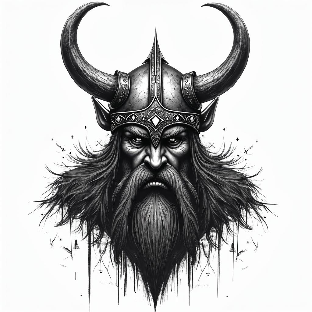 Fierce Viking with intricate helmet designin graffiti style tattoo, featuring bold and dynamic street art elements, spray-paint texture with exaggerated lines and expressive, chaotic brushstrokes, intricate lettering incorporated with graffiti tags, symbols like hearts, stars, and wings - Variation 1