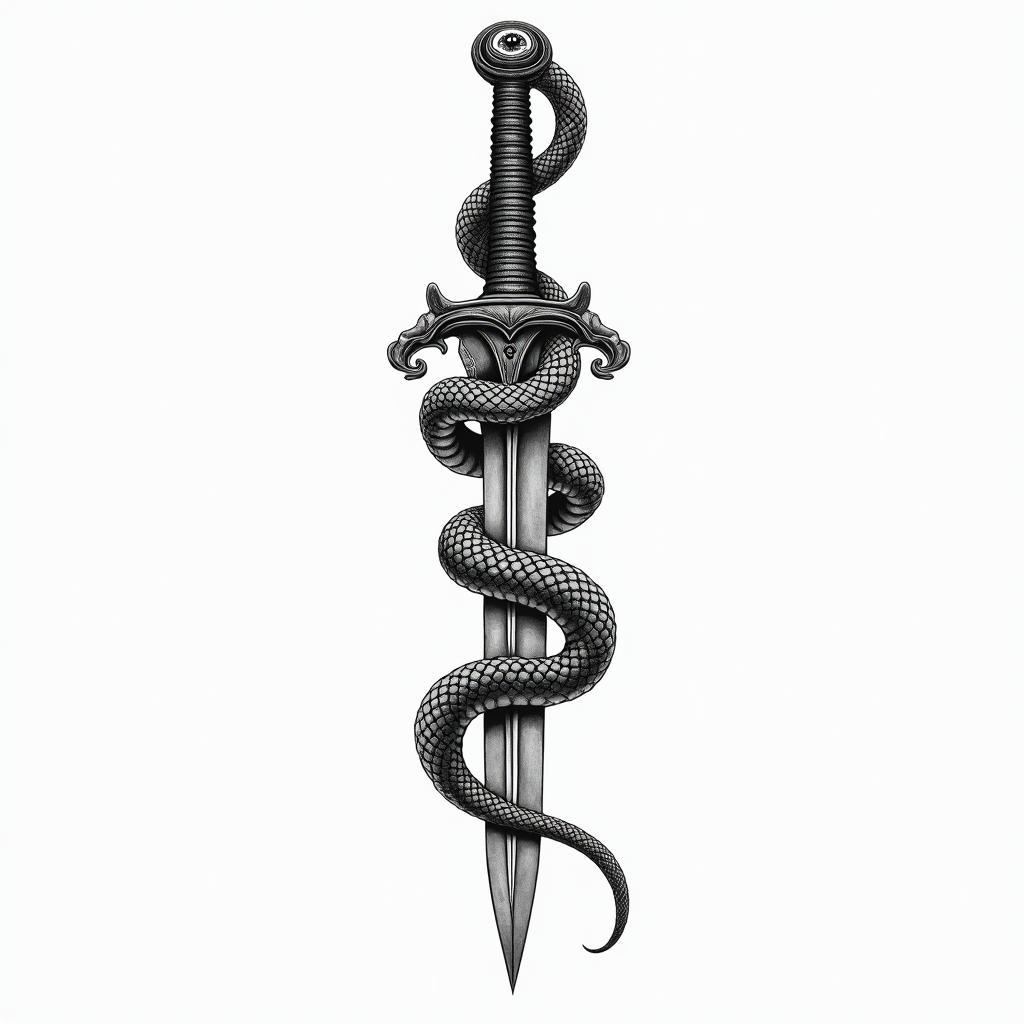 Snake wrapped around a dagger with an evil eye on the daggerin japanese style tattoo, detailed tattoo, traditional japanese culture tattoo, mythology, 8k - Variation 7