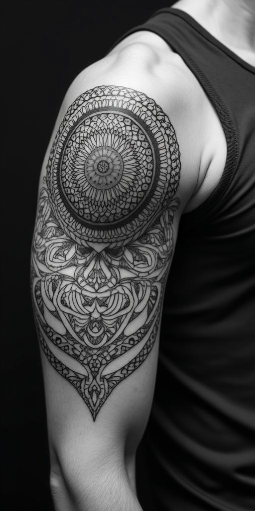 Andrew James Asher Lanein dotwork style tattoo, complex mandala patterns, interlocking geometric shapes with sharp symmetry, clean lines, sharp angles - Variation 3