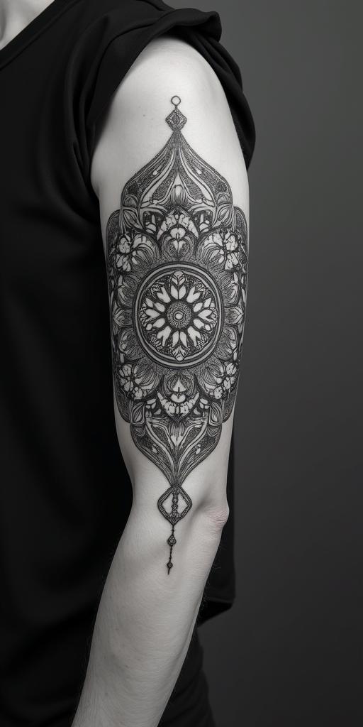 Andrew James Asher Lanein dotwork style tattoo, complex mandala patterns, interlocking geometric shapes with sharp symmetry, clean lines, sharp angles