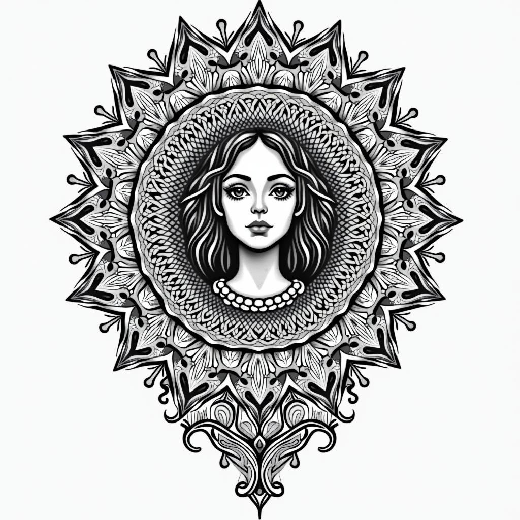 1983 Pisces beach daughterin dotwork style tattoo, complex mandala patterns, interlocking geometric shapes with sharp symmetry, clean lines, sharp angles - Variation 4