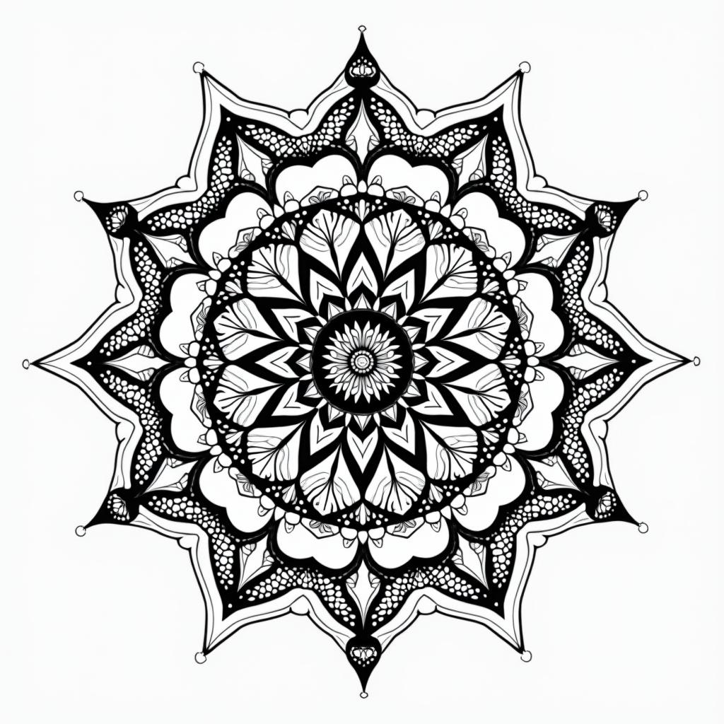 1983 Pisces beach daughterin dotwork style tattoo, complex mandala patterns, interlocking geometric shapes with sharp symmetry, clean lines, sharp angles