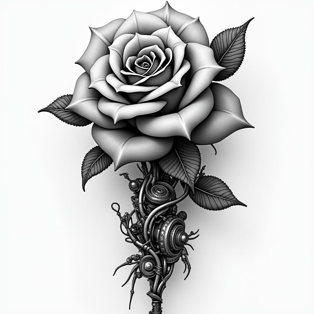 Music rosetattoo in biomechanic style, the tattoo covered by robotic elements of futuristic cyberpunk design, robotic features detail, showcasing intricate mechanical components - Variation 3