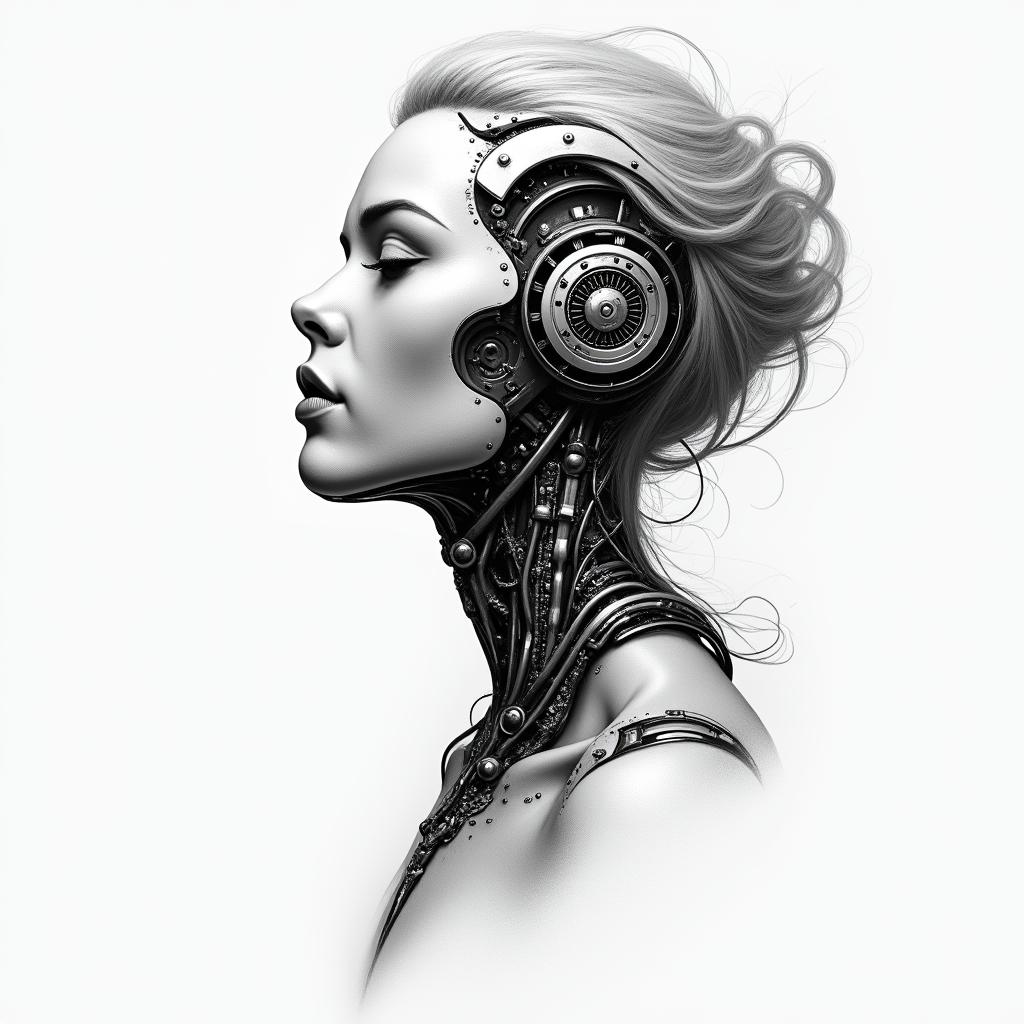 Music rosetattoo in biomechanic style, the tattoo covered by robotic elements of futuristic cyberpunk design, robotic features detail, showcasing intricate mechanical components