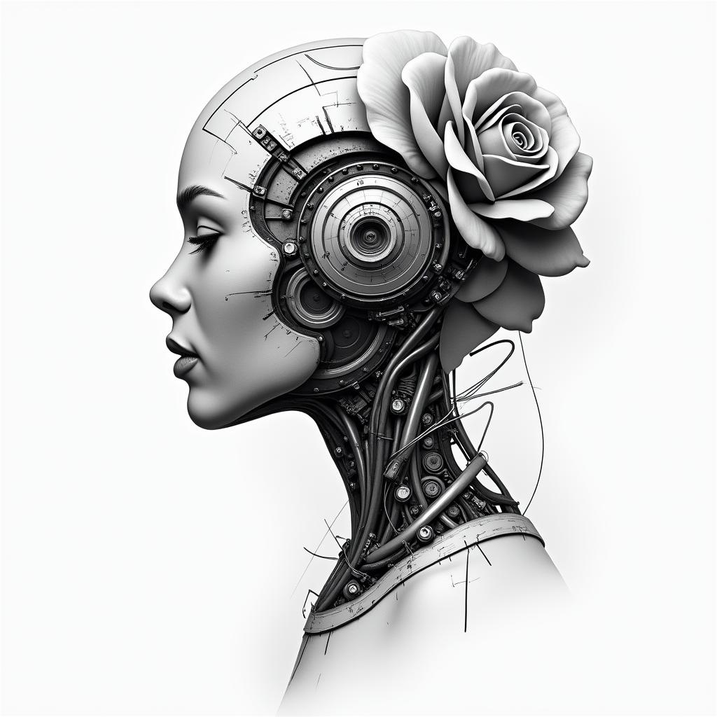 Music rosetattoo in biomechanic style, the tattoo covered by robotic elements of futuristic cyberpunk design, robotic features detail, showcasing intricate mechanical components - Variation 2