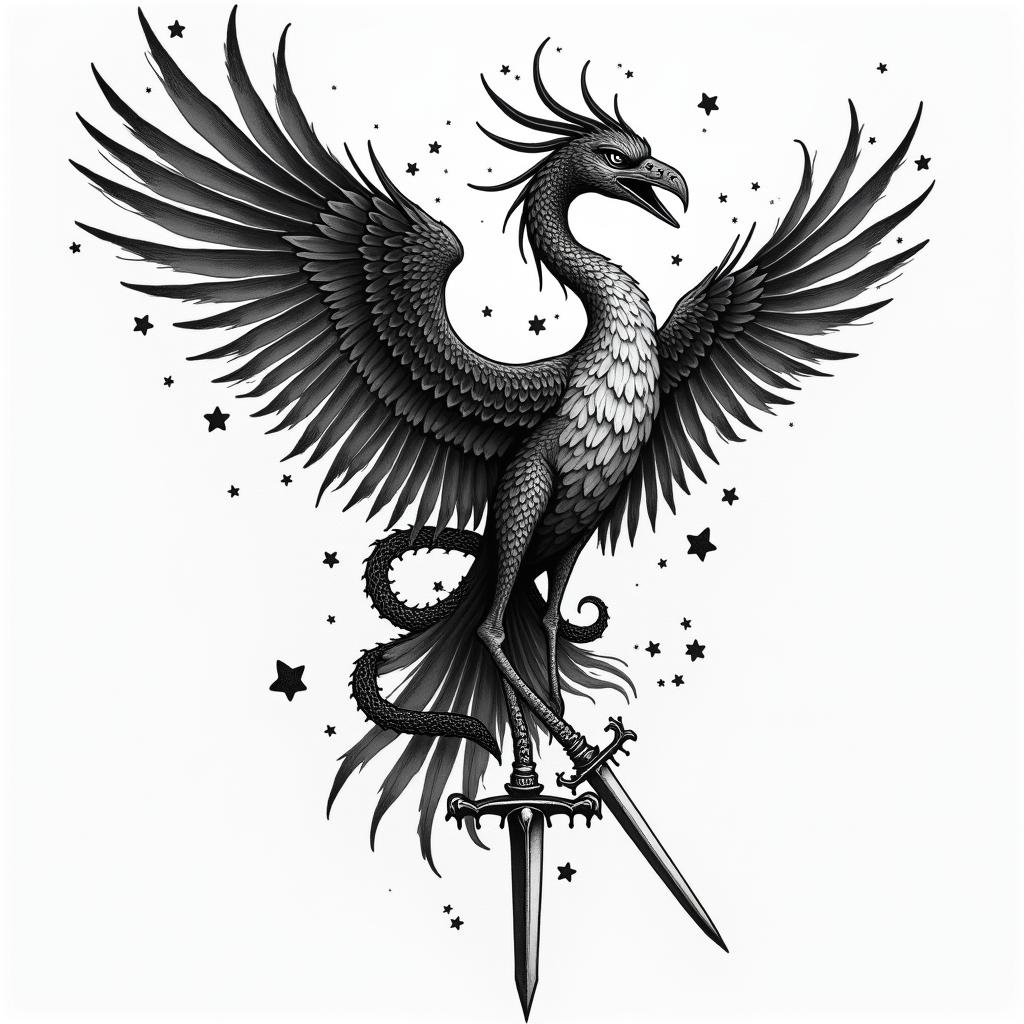 A crane with serpent's and one sword in graffiti style tattoo, featuring bold and dynamic street art elements, spray-paint texture with exaggerated lines and expressive, chaotic brushstrokes, intricate lettering incorporated with graffiti tags, symbols like hearts, stars, and wings - Variation 3