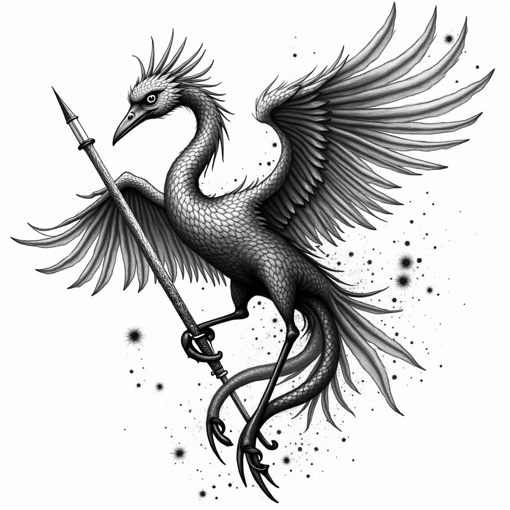 A crane with serpent's and one sword in graffiti style tattoo, featuring bold and dynamic street art elements, spray-paint texture with exaggerated lines and expressive, chaotic brushstrokes, intricate lettering incorporated with graffiti tags, symbols like hearts, stars, and wings