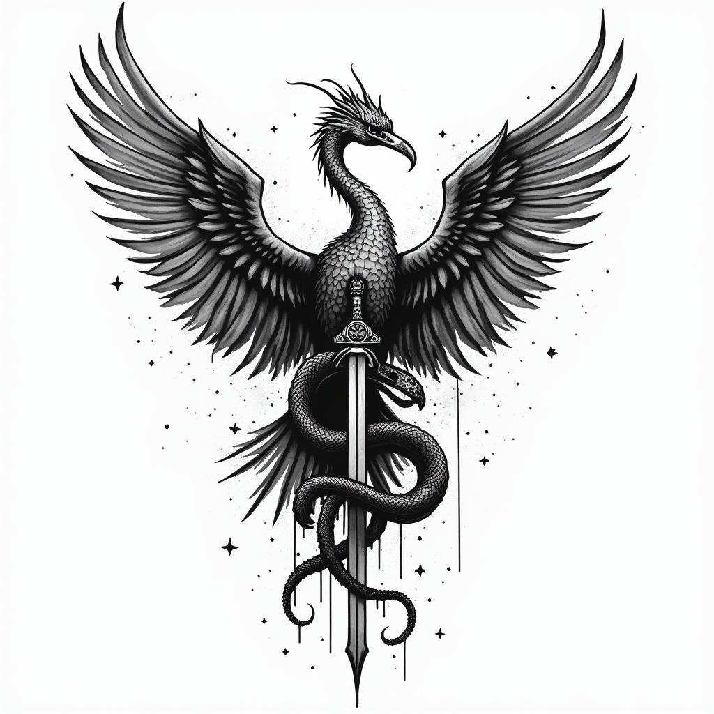 A crane with serpent's and one sword in graffiti style tattoo, featuring bold and dynamic street art elements, spray-paint texture with exaggerated lines and expressive, chaotic brushstrokes, intricate lettering incorporated with graffiti tags, symbols like hearts, stars, and wings - Variation 2