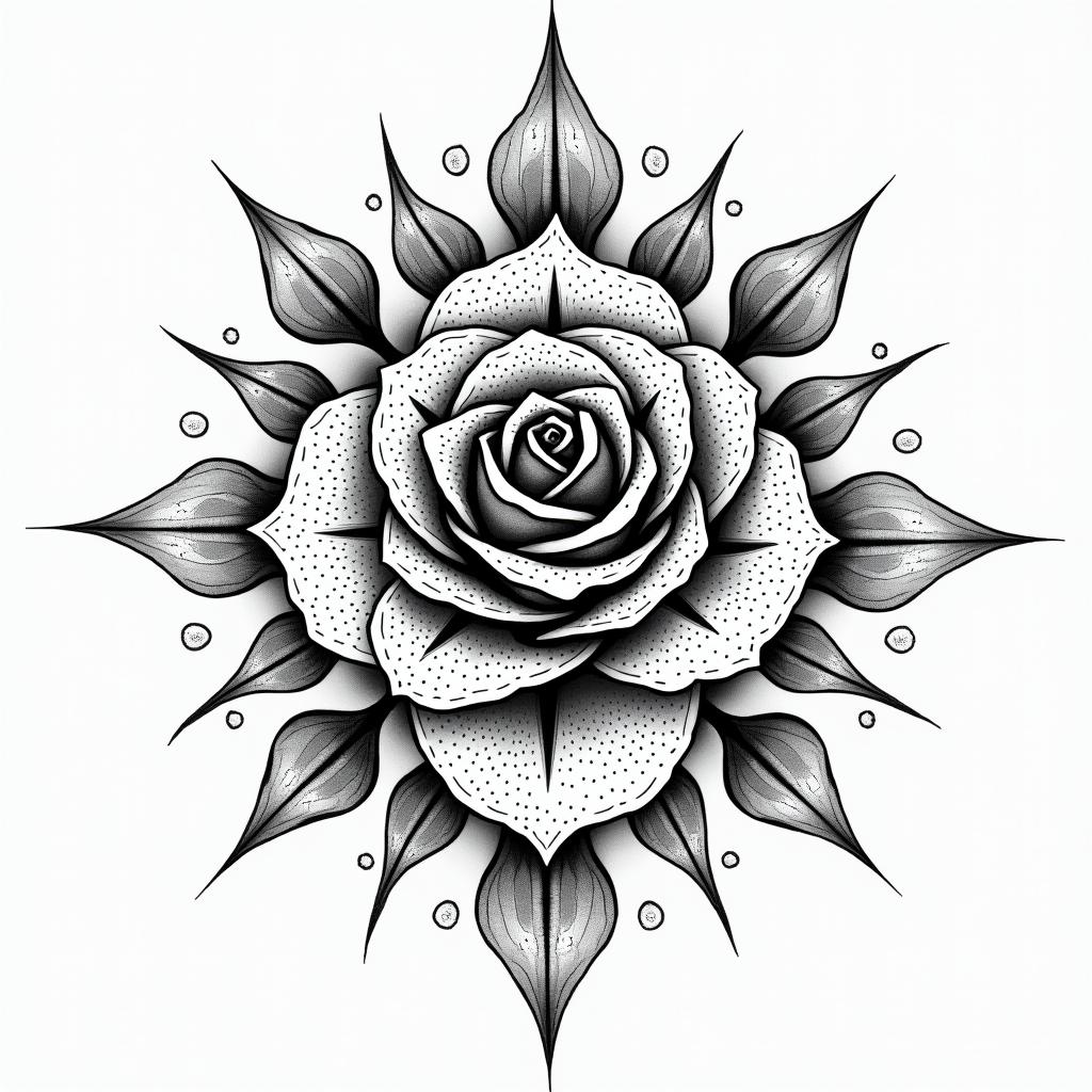 Music rosein dotwork style tattoo, complex mandala patterns, interlocking geometric shapes with sharp symmetry, clean lines, sharp angles - Variation 3