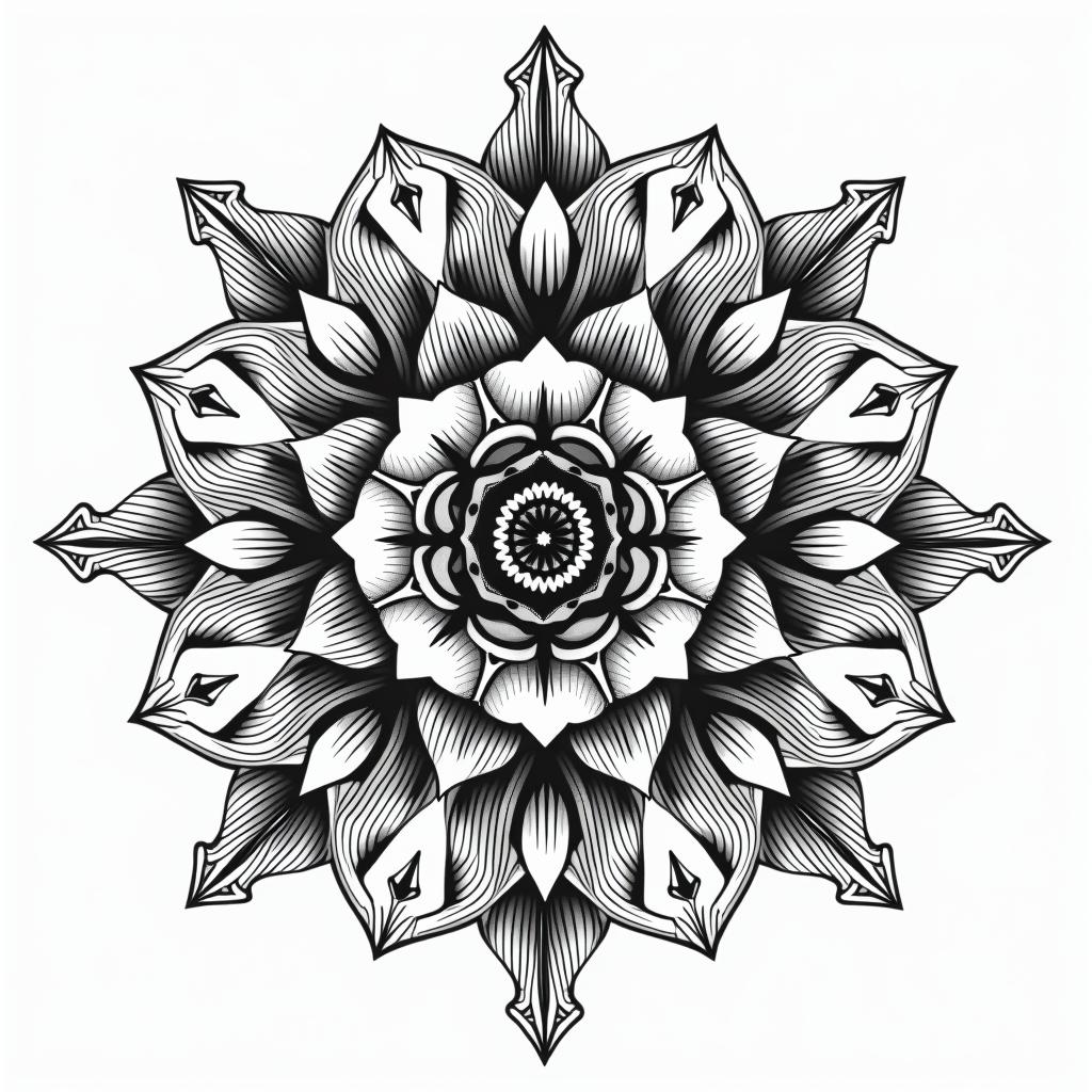 Music rosein dotwork style tattoo, complex mandala patterns, interlocking geometric shapes with sharp symmetry, clean lines, sharp angles - Variation 4