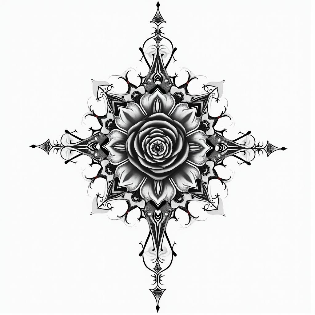 Music rosein dotwork style tattoo, complex mandala patterns, interlocking geometric shapes with sharp symmetry, clean lines, sharp angles - Variation 2