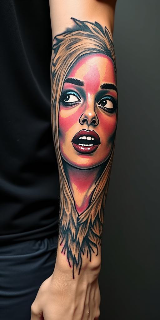 Andrew James Asher Lanein pop art style tattoo, featuring bold and vibrant colors, exaggerated outlines, iconic imagery, inspired by comic books and speech bubbles, comic book characters, retro pop culture