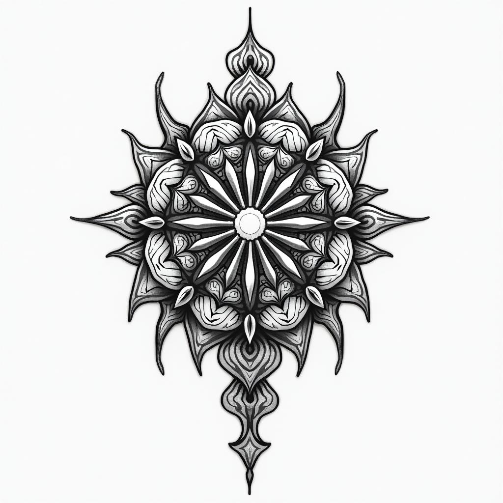 Adventure. in geometric style tattoo, blending hexagons, mandala-inspired patterns, symmetrical and fractal design, clean lines, sharp angles