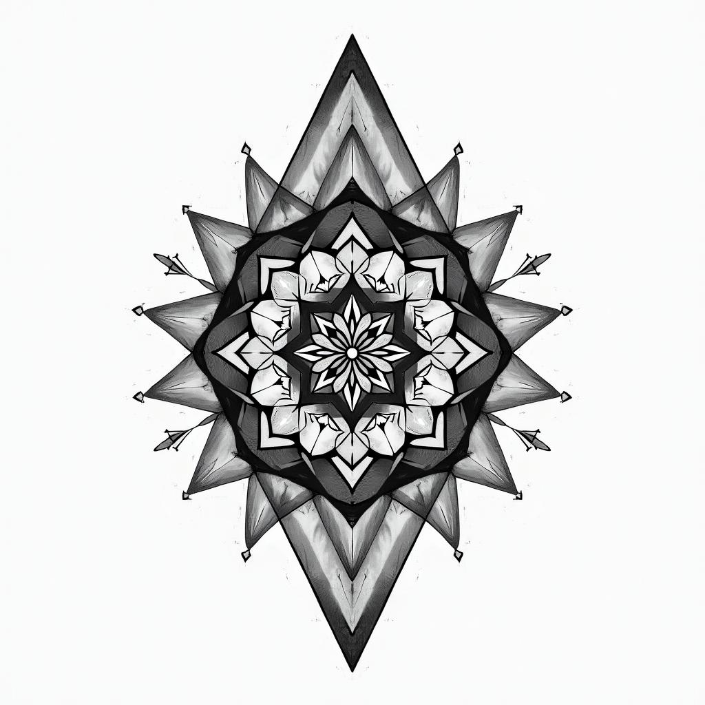 Adventure. in geometric style tattoo, blending hexagons, mandala-inspired patterns, symmetrical and fractal design, clean lines, sharp angles - Variation 2