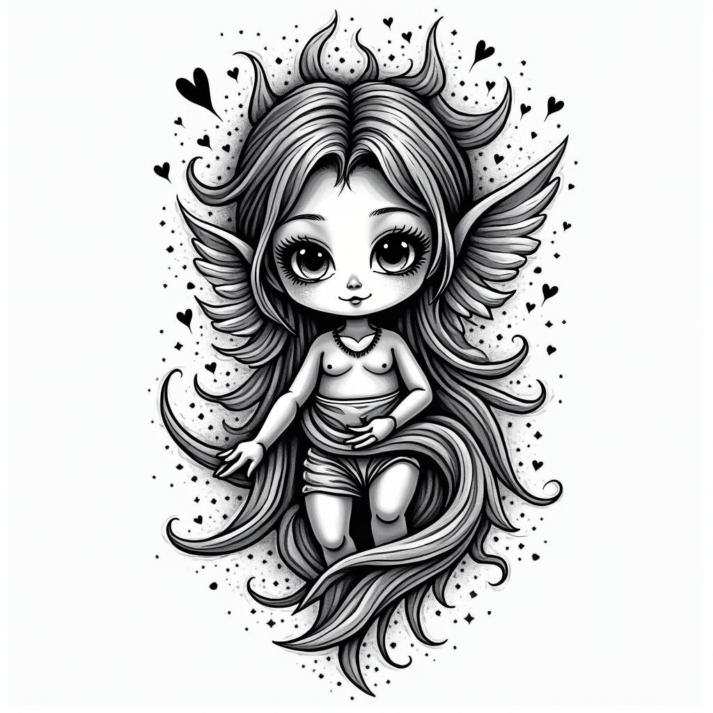 1983 Pisces beach daughterin graffiti style tattoo, featuring bold and dynamic street art elements, spray-paint texture with exaggerated lines and expressive, chaotic brushstrokes, intricate lettering incorporated with graffiti tags, symbols like hearts, stars, and wings - Variation 2
