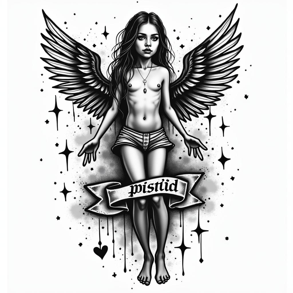 1983 Pisces beach daughterin graffiti style tattoo, featuring bold and dynamic street art elements, spray-paint texture with exaggerated lines and expressive, chaotic brushstrokes, intricate lettering incorporated with graffiti tags, symbols like hearts, stars, and wings - Variation 1