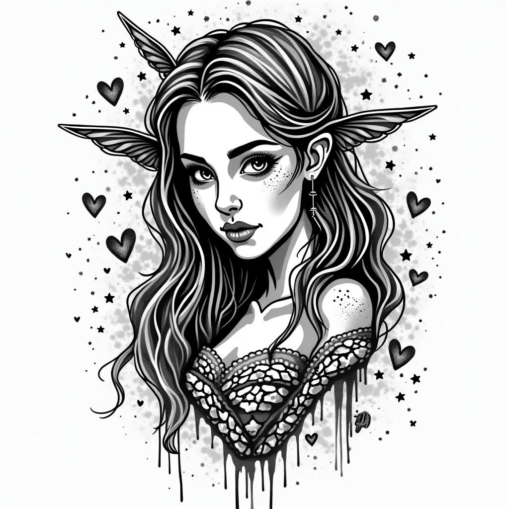 1983 Pisces beach daughterin graffiti style tattoo, featuring bold and dynamic street art elements, spray-paint texture with exaggerated lines and expressive, chaotic brushstrokes, intricate lettering incorporated with graffiti tags, symbols like hearts, stars, and wings - Variation 3