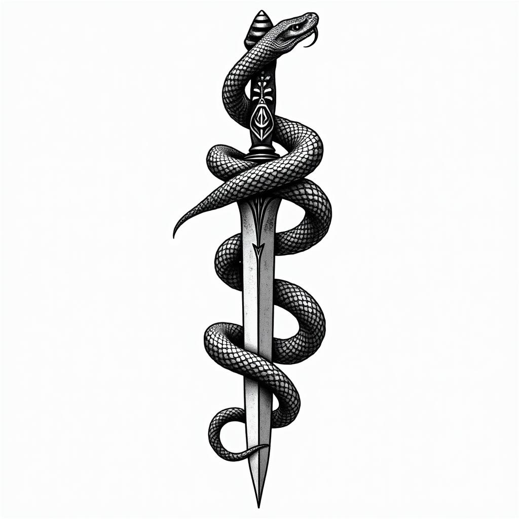 Snake wrapped around a dagger with an evil eye on the daggerin new school tattoo, pop culture, modern, detailed tattoo, illustrative - Variation 2