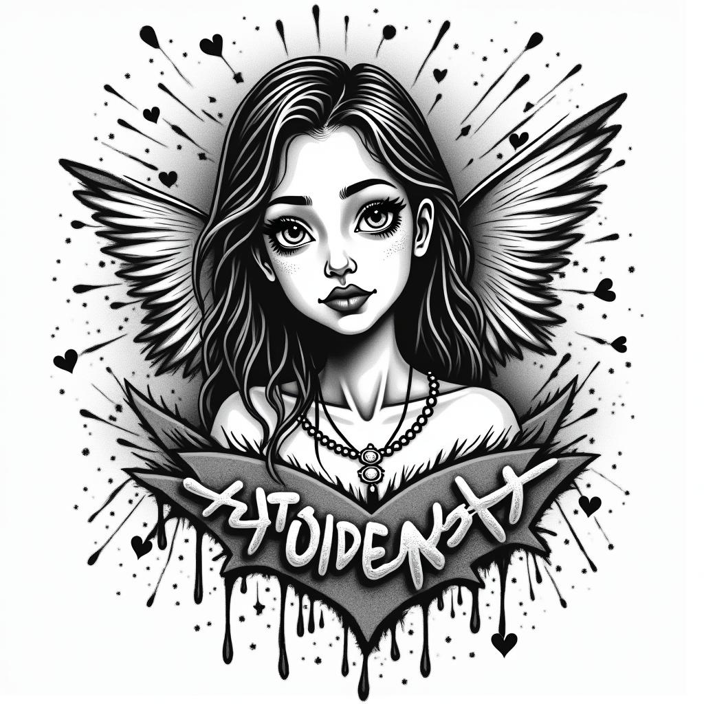 1983 Pisces beach daughterin graffiti style tattoo, featuring bold and dynamic street art elements, spray-paint texture with exaggerated lines and expressive, chaotic brushstrokes, intricate lettering incorporated with graffiti tags, symbols like hearts, stars, and wings - Variation 4