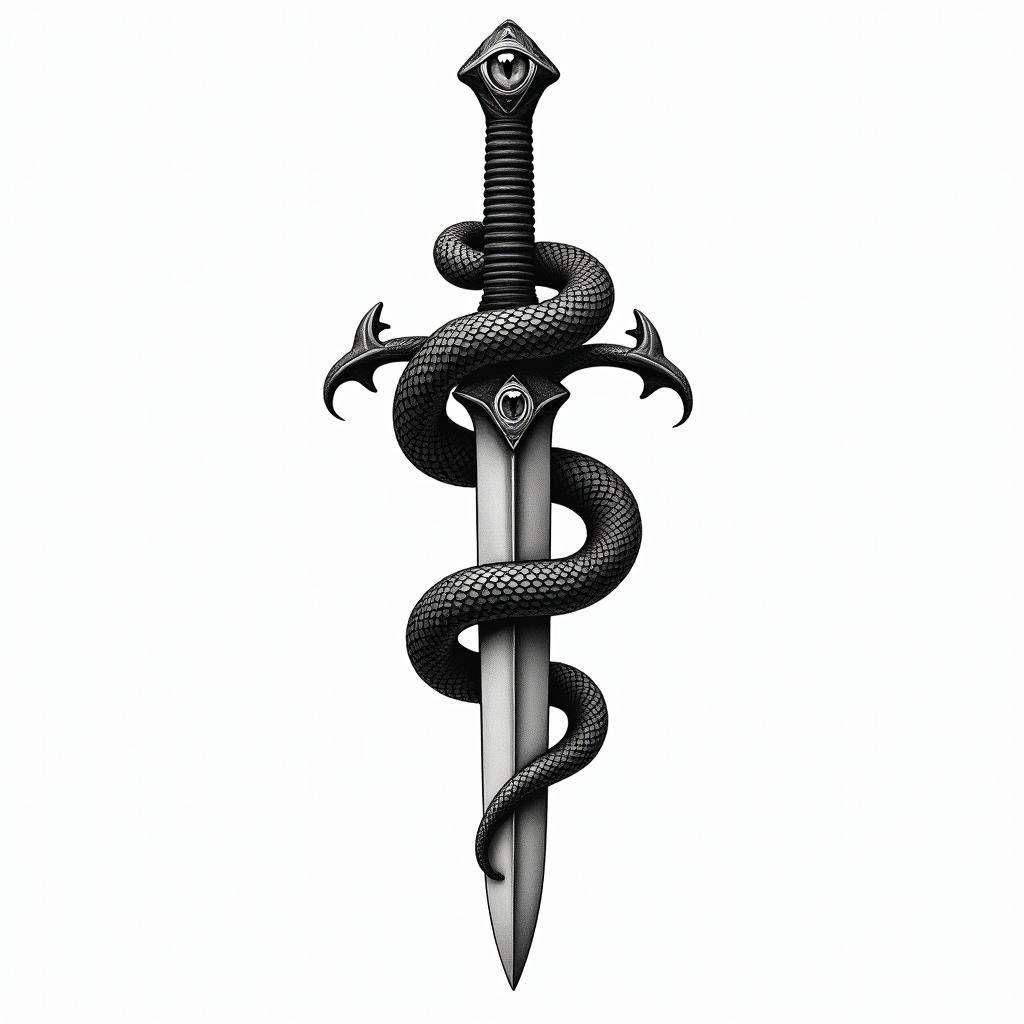 Snake wrapped around a dagger with an evil eye on the daggerin new school tattoo, pop culture, modern, detailed tattoo, illustrative