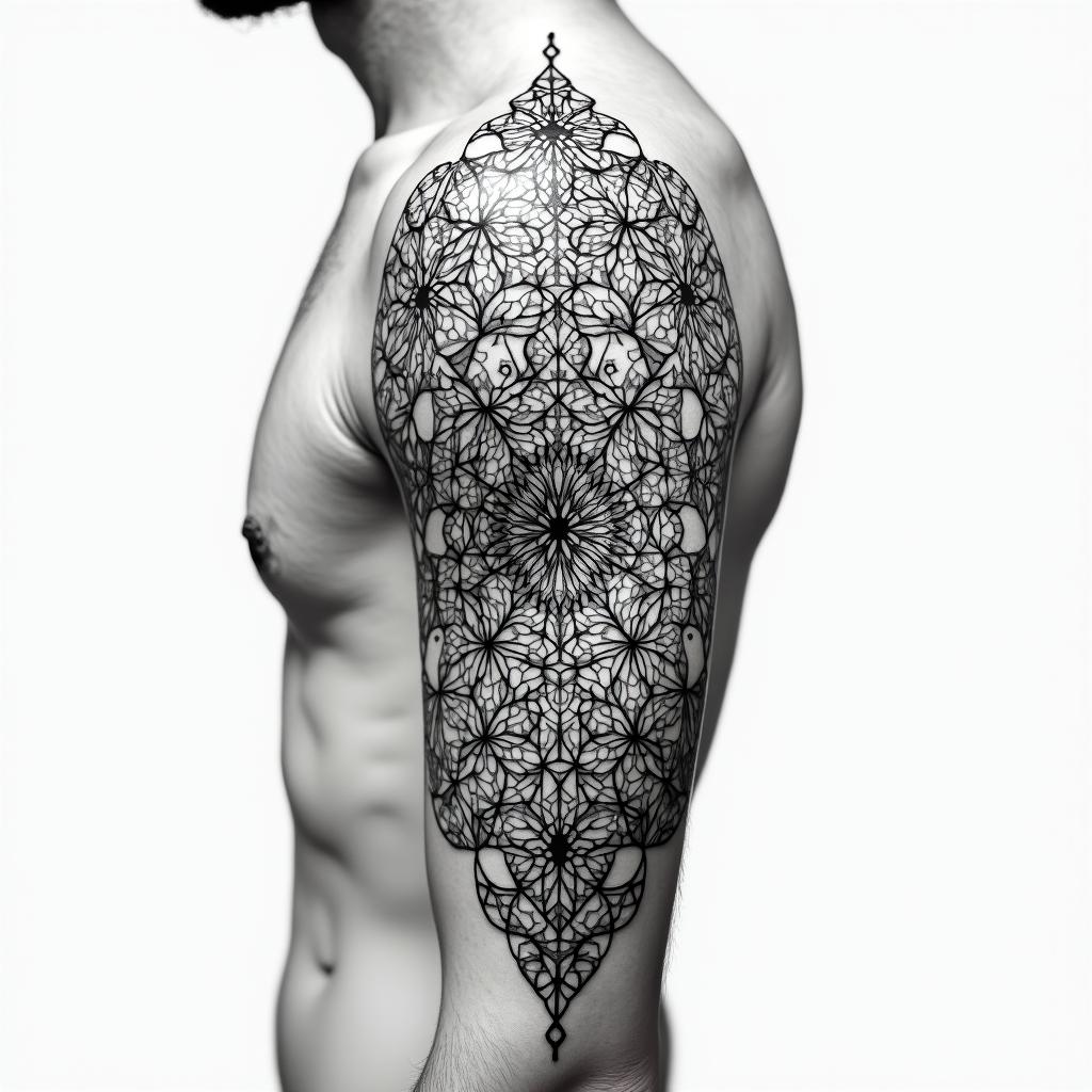 Stefan Wagge Vilshofen in geometric style tattoo, blending hexagons, mandala-inspired patterns, symmetrical and fractal design, clean lines, sharp angles