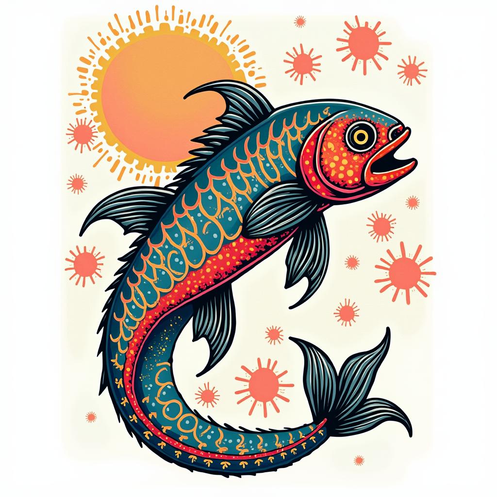 1983 Pisces beachin pop art style tattoo, featuring bold and vibrant colors, exaggerated outlines, iconic imagery, inspired by comic books and speech bubbles, comic book characters, retro pop culture - Variation 3