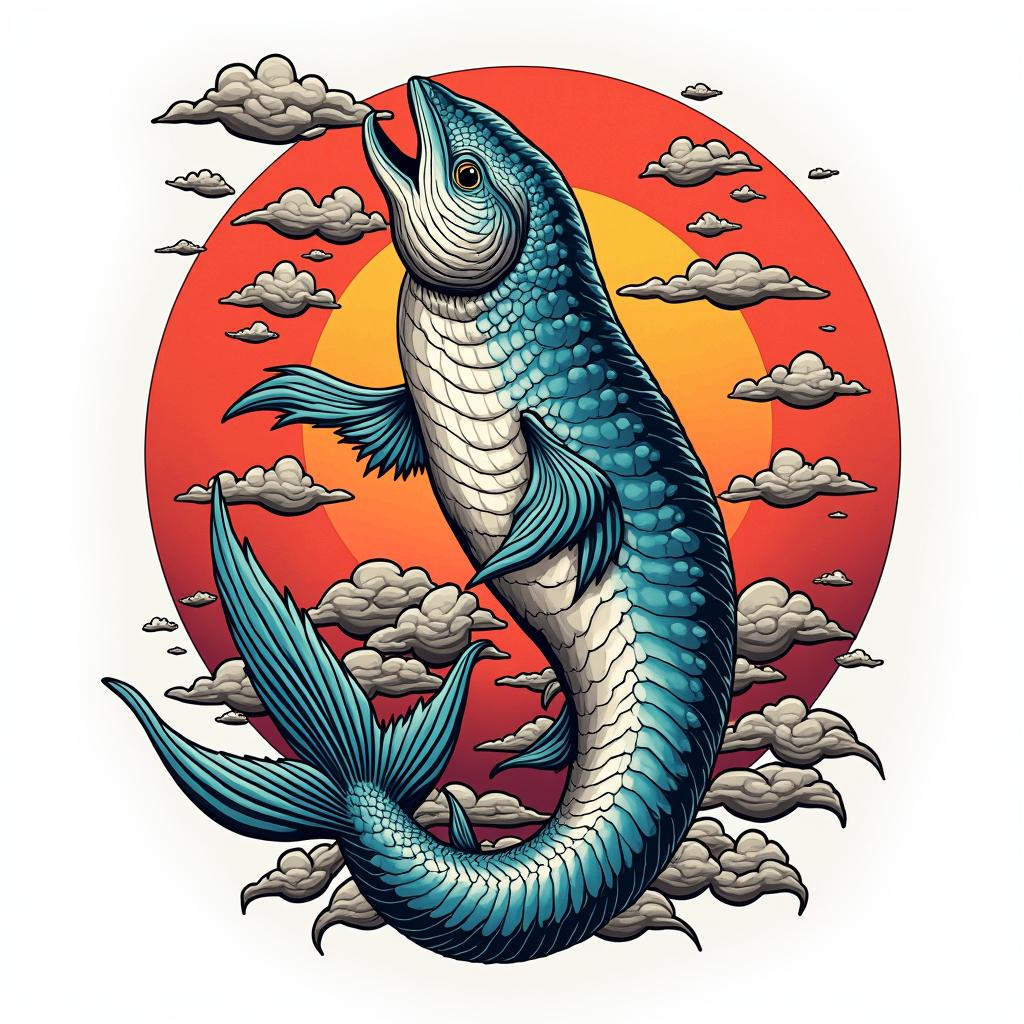 1983 Pisces beachin pop art style tattoo, featuring bold and vibrant colors, exaggerated outlines, iconic imagery, inspired by comic books and speech bubbles, comic book characters, retro pop culture - Variation 2