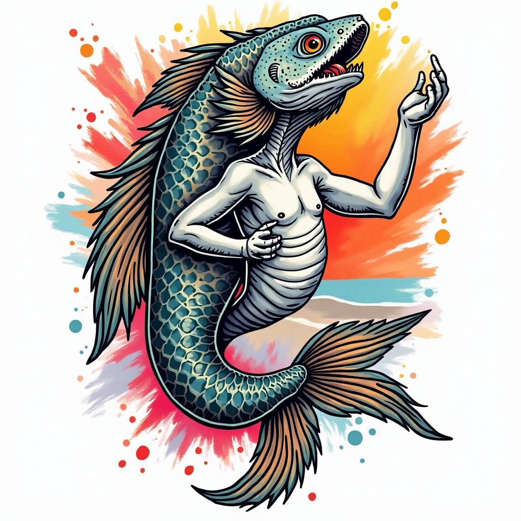1983 Pisces beachin pop art style tattoo, featuring bold and vibrant colors, exaggerated outlines, iconic imagery, inspired by comic books and speech bubbles, comic book characters, retro pop culture