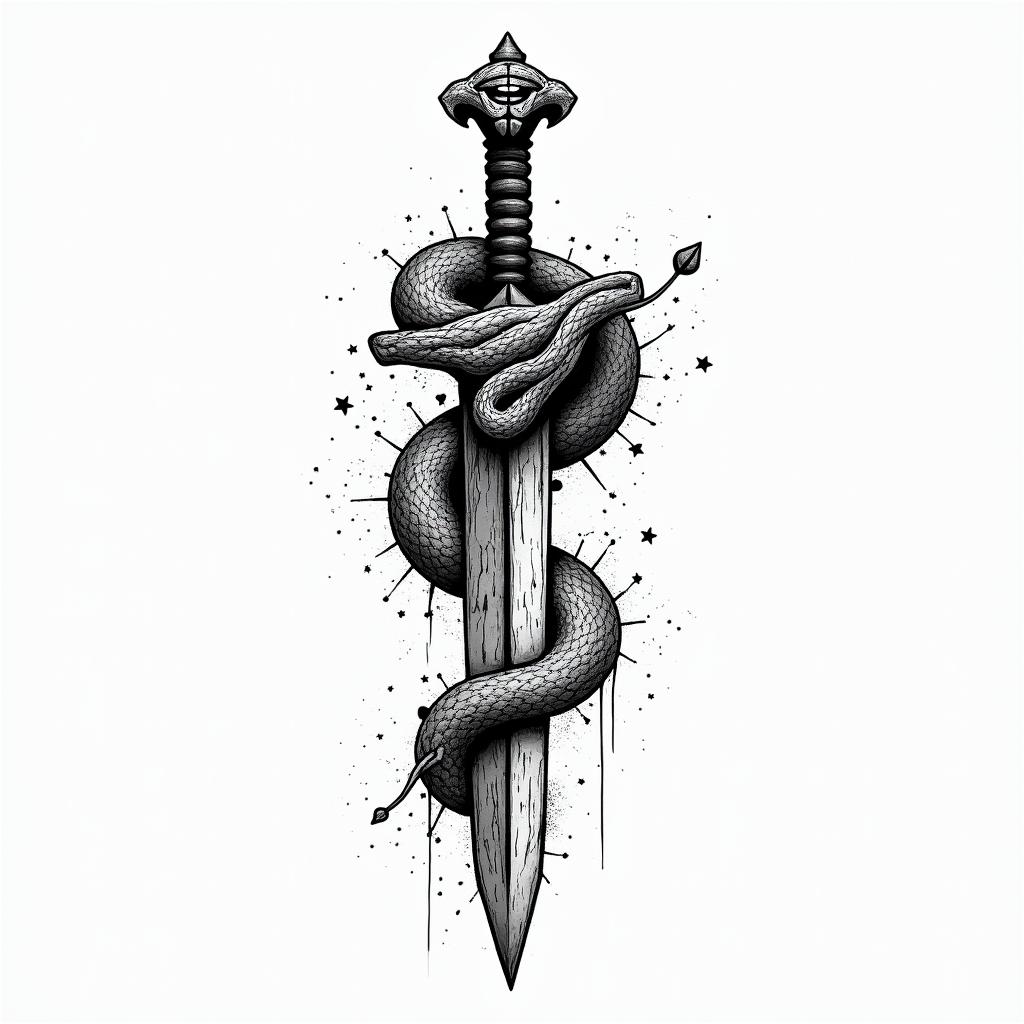 Snake wrapped around a dagger with an evil eye on the daggerin graffiti style tattoo, featuring bold and dynamic street art elements, spray-paint texture with exaggerated lines and expressive, chaotic brushstrokes, intricate lettering incorporated with graffiti tags, symbols like hearts, stars, and wings