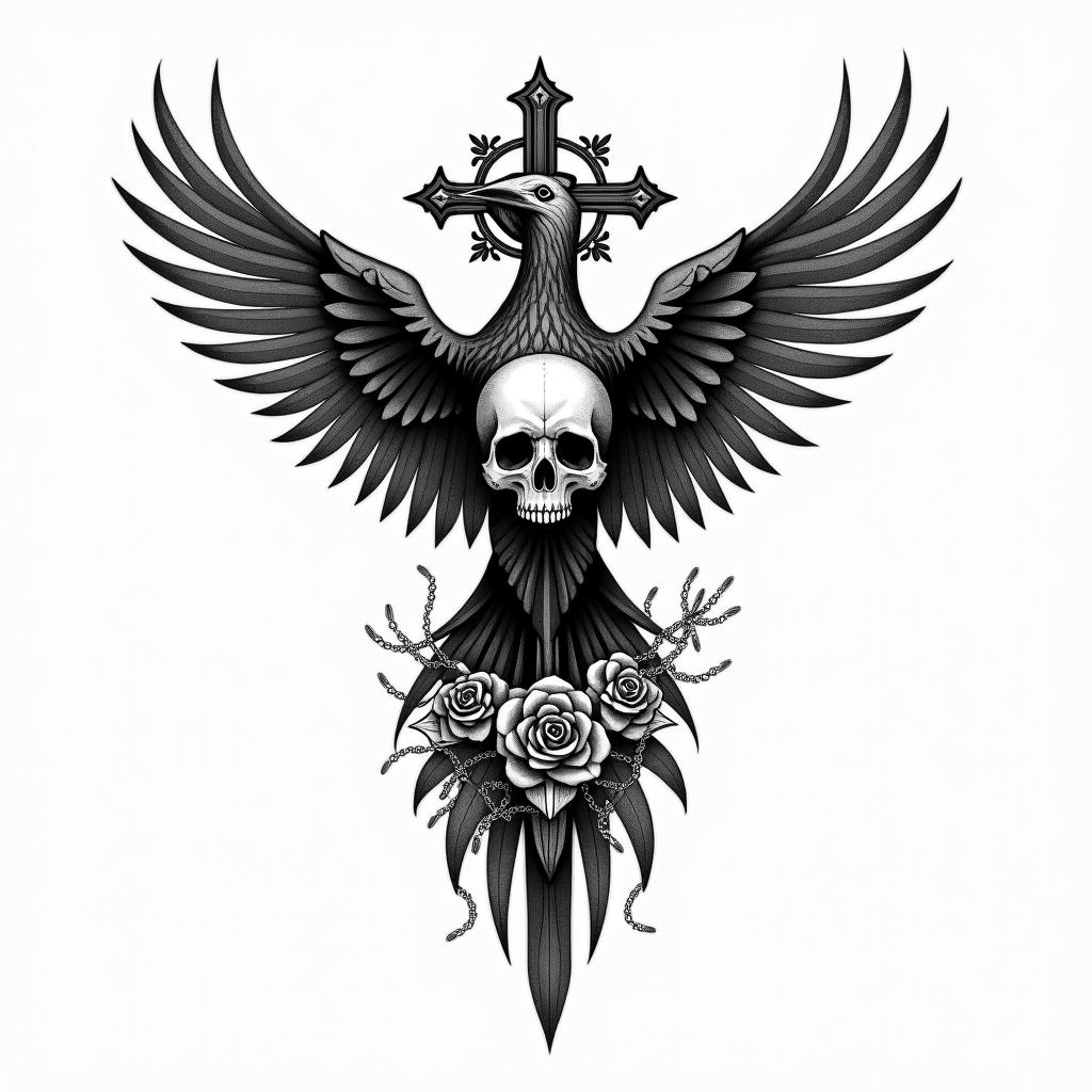 Hummningbirdin chicano style tattoo, featuring intricate black and grey shading, bold elements of traditional chicano culture symbols, add a big cross with skull, chains and roses