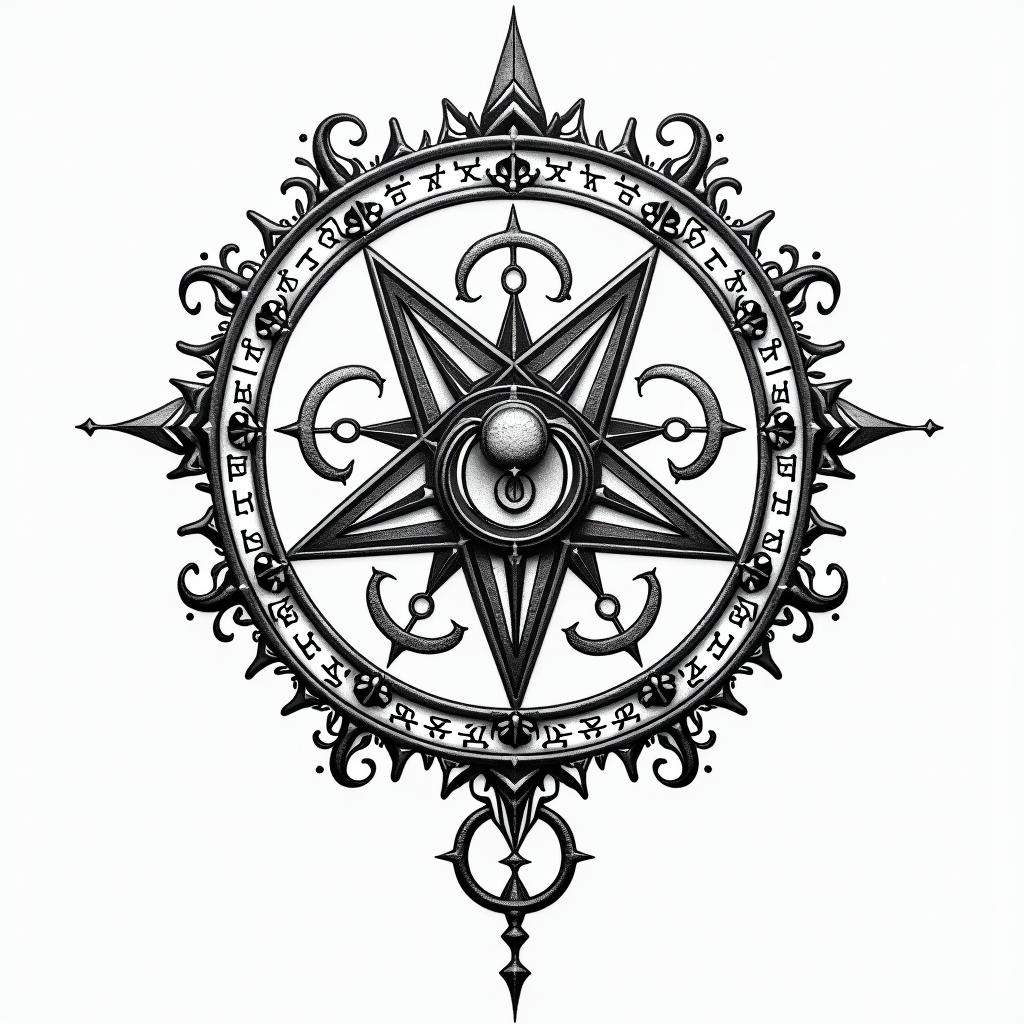 Andrew and Asher in text with space all aroundin paganic style tattoo, featuring ancient symbols, add vegvisir symbol, mystical figures, incorporating designs, pentagrams, runes, crescent moons, - Variation 4