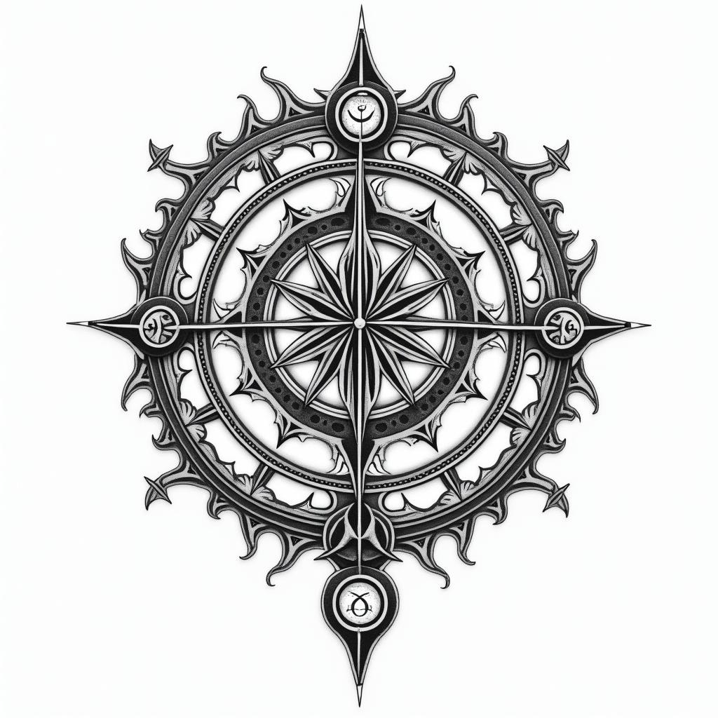 Andrew and Asher in text with space all aroundin paganic style tattoo, featuring ancient symbols, add vegvisir symbol, mystical figures, incorporating designs, pentagrams, runes, crescent moons, - Variation 3