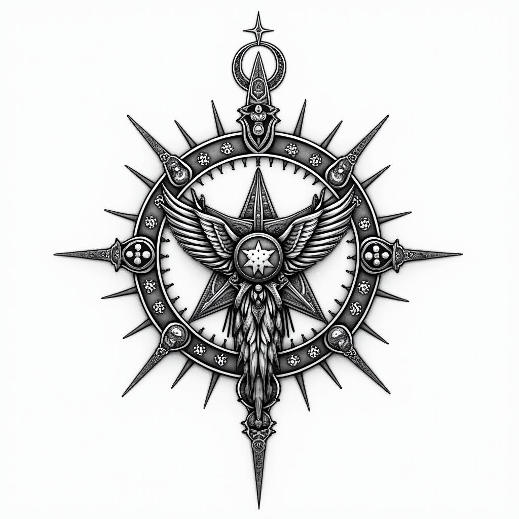 Andrew and Asher in text with space all aroundin paganic style tattoo, featuring ancient symbols, add vegvisir symbol, mystical figures, incorporating designs, pentagrams, runes, crescent moons,