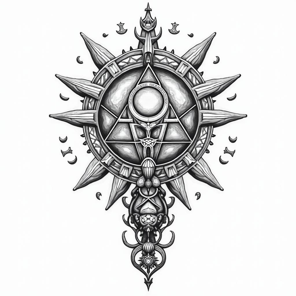 Andrew and Asher in text with space all aroundin paganic style tattoo, featuring ancient symbols, add vegvisir symbol, mystical figures, incorporating designs, pentagrams, runes, crescent moons, - Variation 2