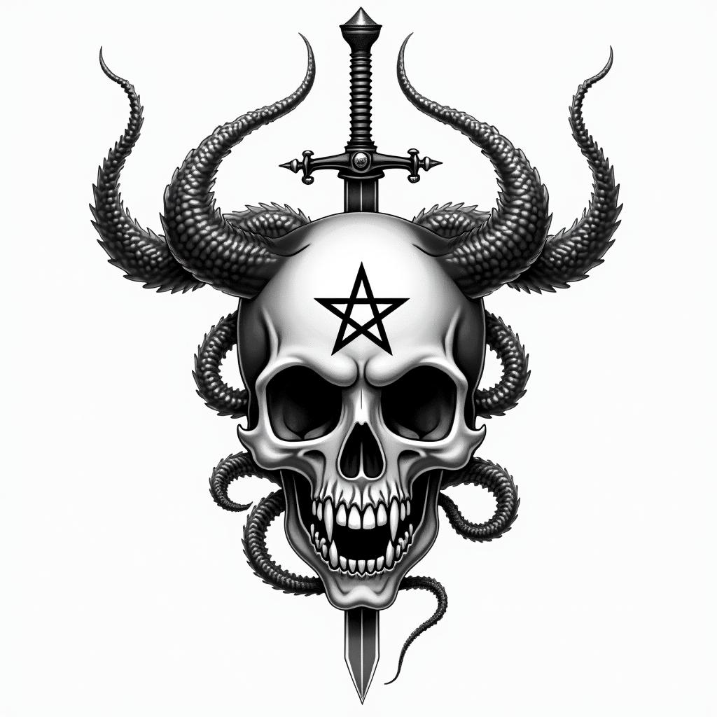 a skull with 2 serpent's and one swordcreepy horror tattoo style, featuring an eerie and unsettling skull of a demonic creature, distorted face with sharp fangs, add pentagram symbol - Variation 18