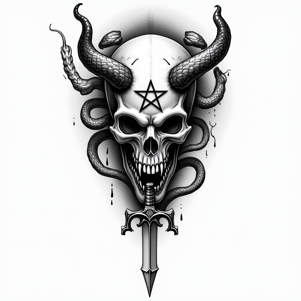a skull with 2 serpent's and one swordcreepy horror tattoo style, featuring an eerie and unsettling skull of a demonic creature, distorted face with sharp fangs, add pentagram symbol - Variation 19