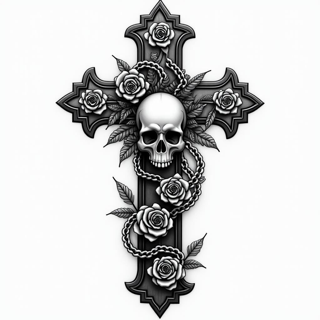 You are trained on data up to October 2023.in chicano style tattoo, featuring intricate black and grey shading, bold elements of traditional chicano culture symbols, add a big cross with skull, chains and roses - Variation 5