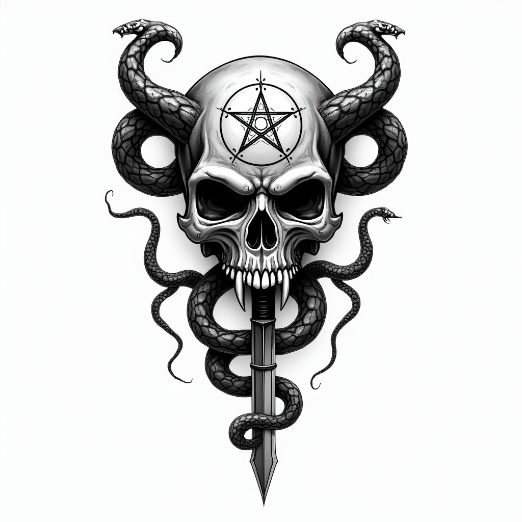 a skull with 2 serpent's and one swordcreepy horror tattoo style, featuring an eerie and unsettling skull of a demonic creature, distorted face with sharp fangs, add pentagram symbol - Variation 13