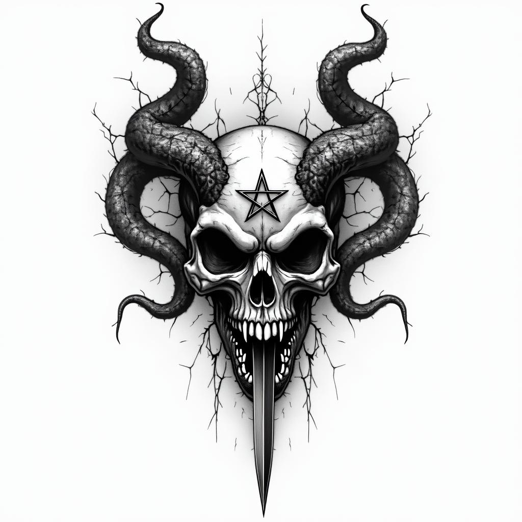 a skull with 2 serpent's and one swordcreepy horror tattoo style, featuring an eerie and unsettling skull of a demonic creature, distorted face with sharp fangs, add pentagram symbol - Variation 15