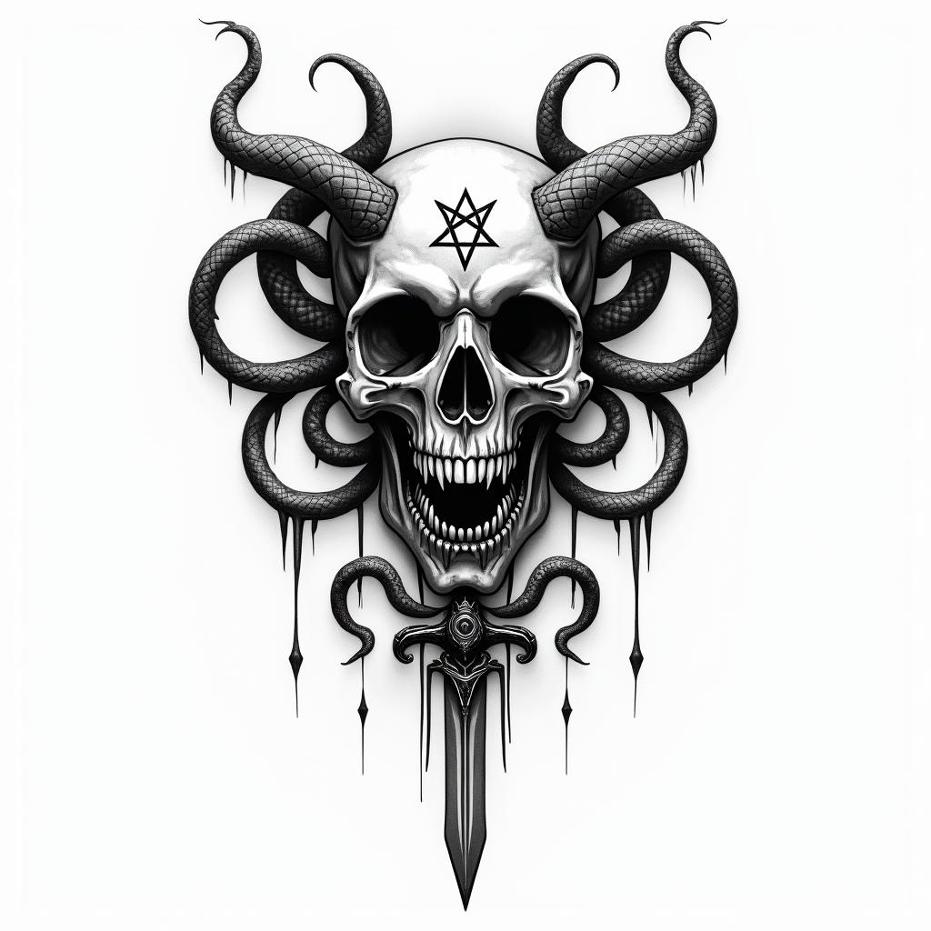 a skull with 2 serpent's and one swordcreepy horror tattoo style, featuring an eerie and unsettling skull of a demonic creature, distorted face with sharp fangs, add pentagram symbol - Variation 14