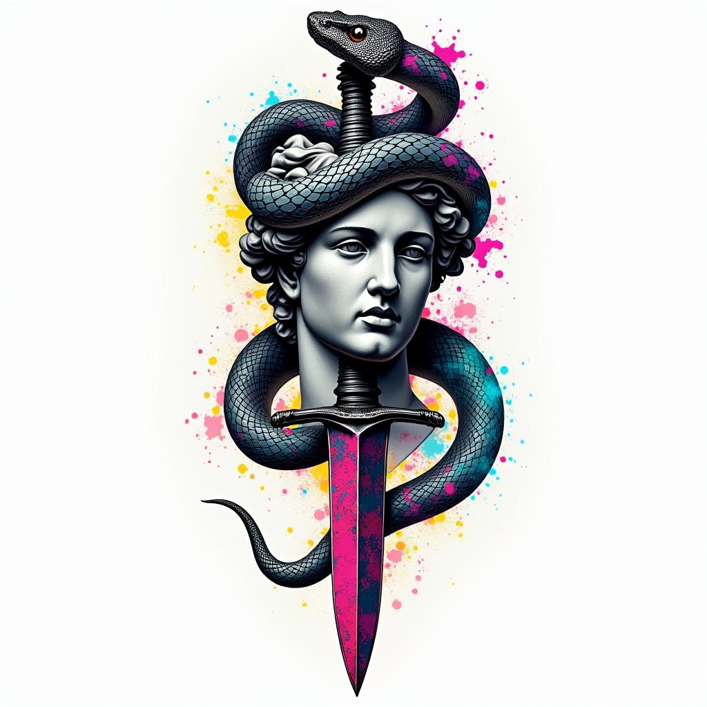 Snake wrapped around a dagger with an evil eye on the daggerin distorted and fragmented tattoo design, featuring a classical statue bust, in a glitch art style with vibrant, overlapping colors of cyan, magenta, and yellow, creating a digital distortion effect