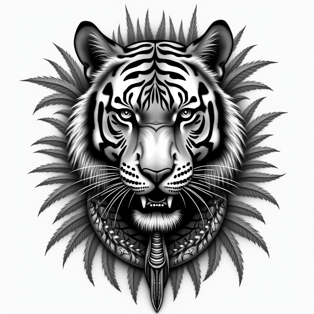 Tiger with intense eyes in the junglein egyptian style tattoo, bold elements of ancient egyptian culture including a portrait of an Egyptian pharaoh with detailed facial features, in hieroglyphs and symbolic imagery, eye of horus, ankh symbol, scarab beetle - Variation 7