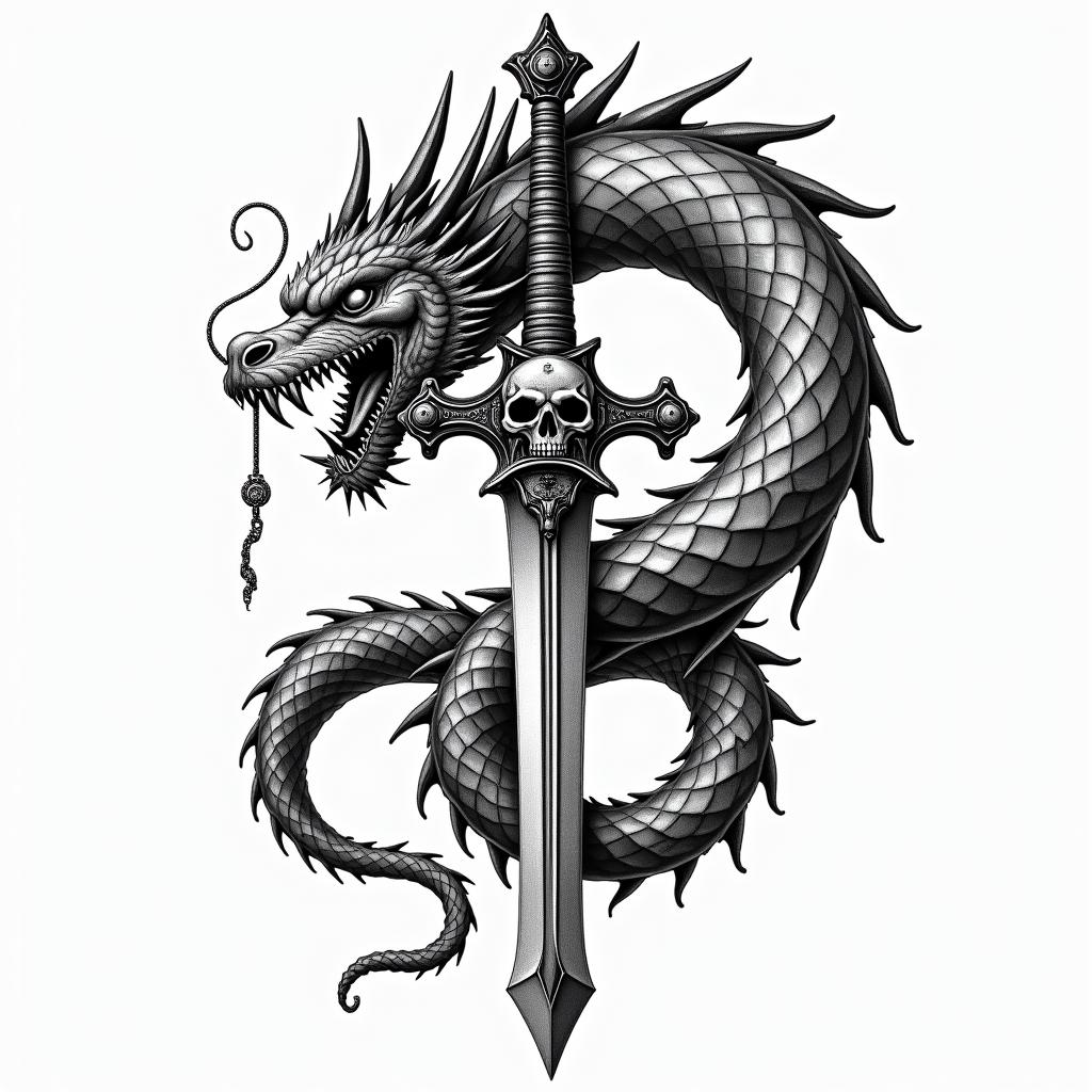 Majestic dragon coiled around a swordin chicano style tattoo, featuring intricate black and grey shading, bold elements of traditional chicano culture symbols, add a big cross with skull, chains and roses - Variation 2
