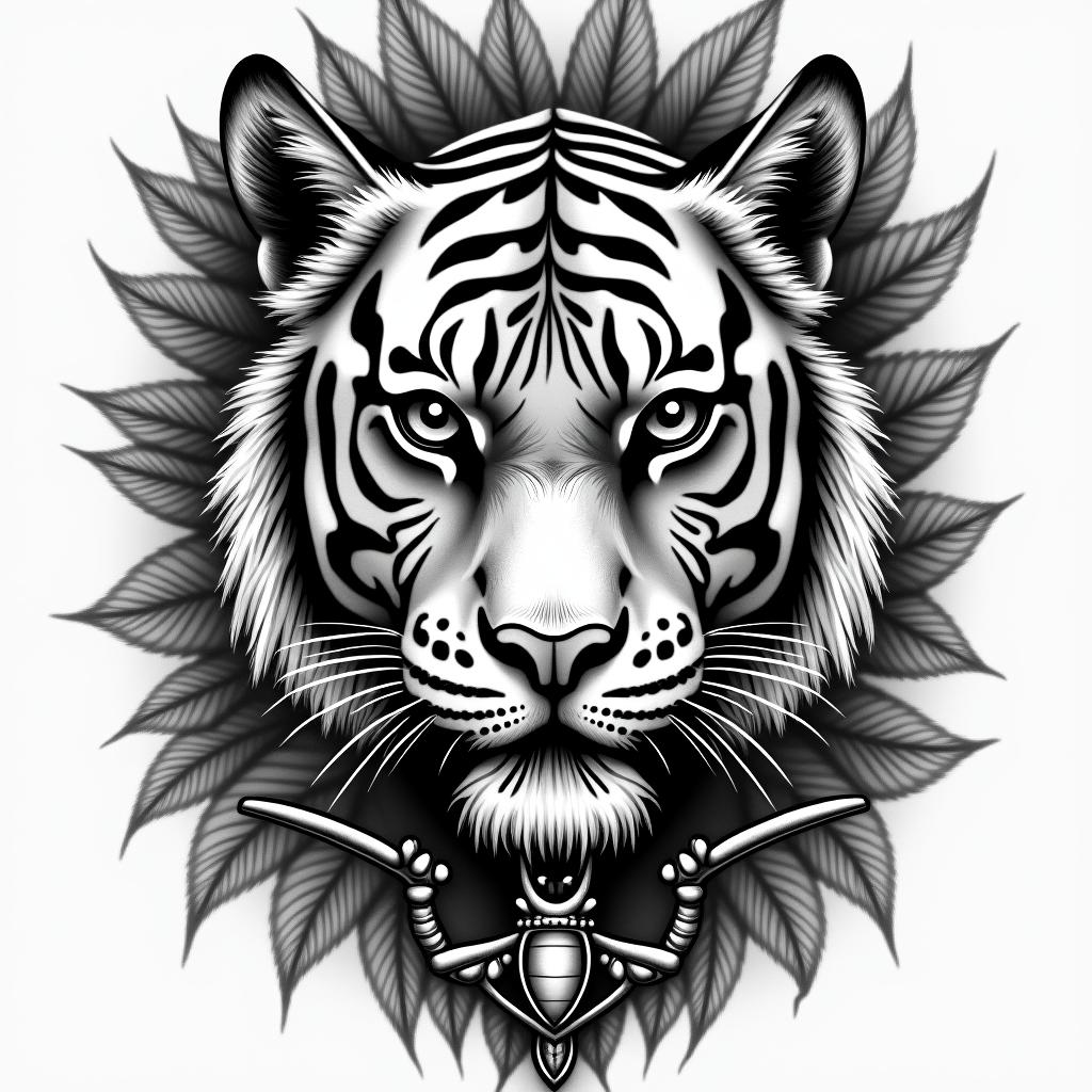 Tiger with intense eyes in the junglein egyptian style tattoo, bold elements of ancient egyptian culture including a portrait of an Egyptian pharaoh with detailed facial features, in hieroglyphs and symbolic imagery, eye of horus, ankh symbol, scarab beetle - Variation 4