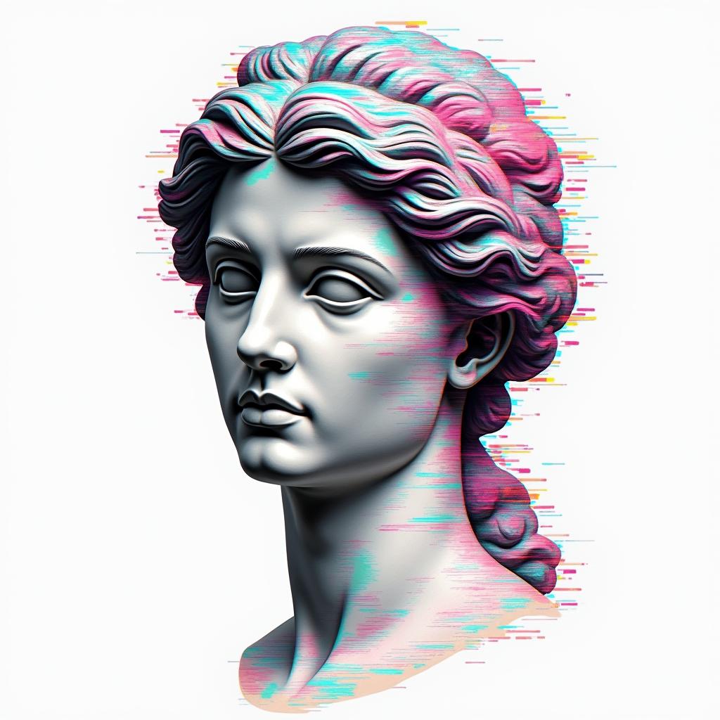 83 Piscesin distorted and fragmented tattoo design, featuring a classical statue bust, in a glitch art style with vibrant, overlapping colors of cyan, magenta, and yellow, creating a digital distortion effect - Variation 4