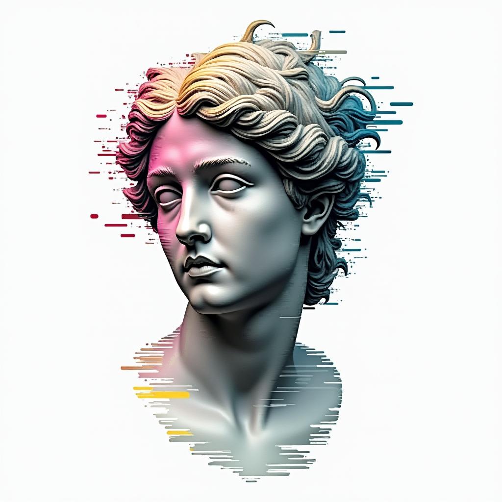 83 Piscesin distorted and fragmented tattoo design, featuring a classical statue bust, in a glitch art style with vibrant, overlapping colors of cyan, magenta, and yellow, creating a digital distortion effect